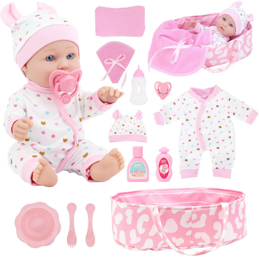Zita Element 12-inch baby doll resting in sleeping basket for nurturing play