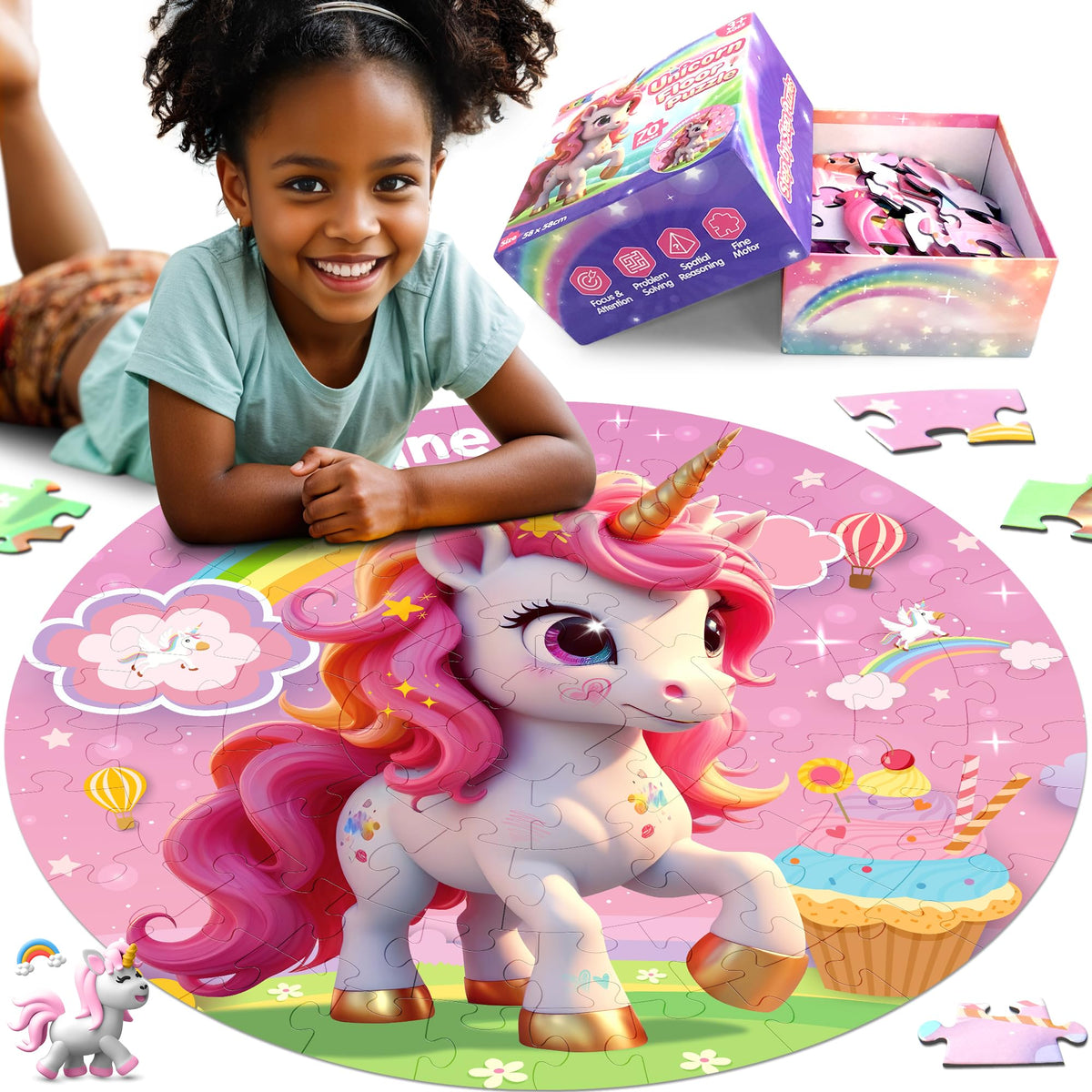 ZIZZ Unicorn Puzzle round design shows a safe, durable surface for kids.