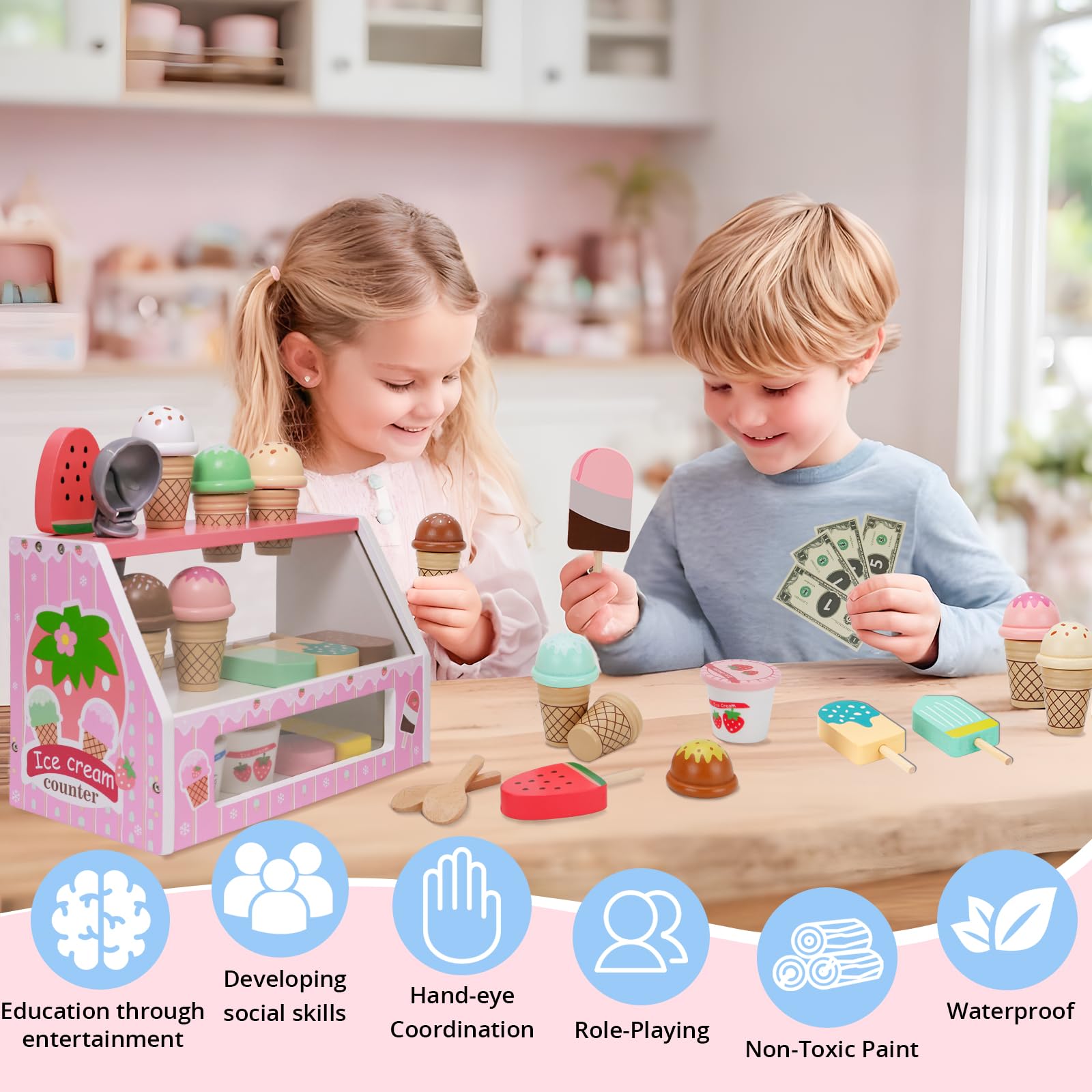 ZJEFUNS wooden ice cream cones invite counting and sorting flavors