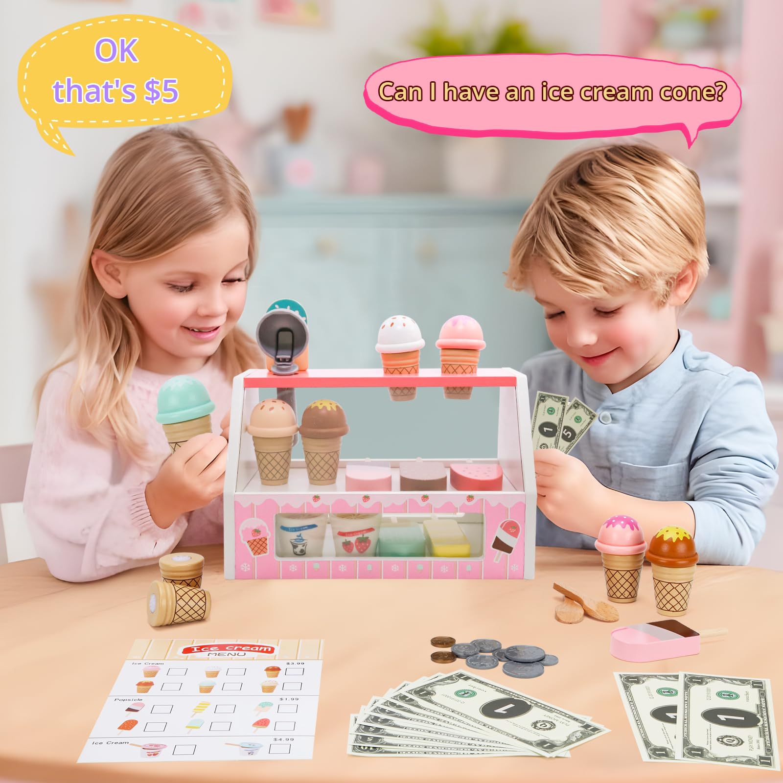ZJEFUNS wooden menu and coins set adds realistic shop details