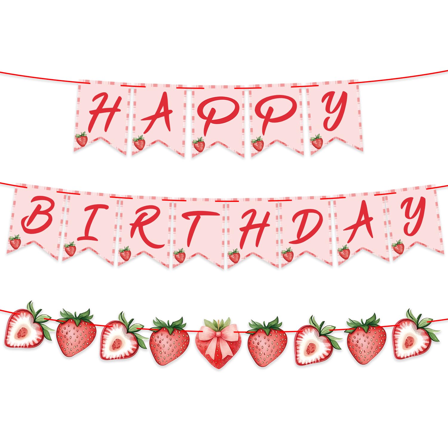 ZJRUI strawberry banner assembly offers a playful birthday backdrop.