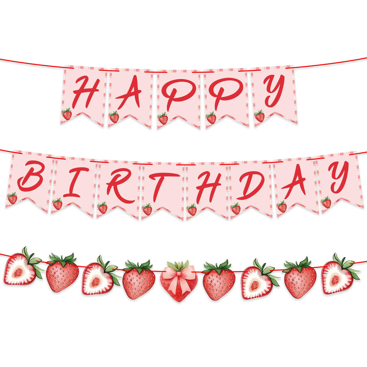 ZJRUI strawberry banner assembly offers a playful birthday backdrop.