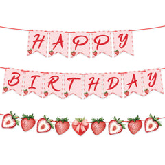 ZJRUI strawberry banner assembly offers a playful birthday backdrop.