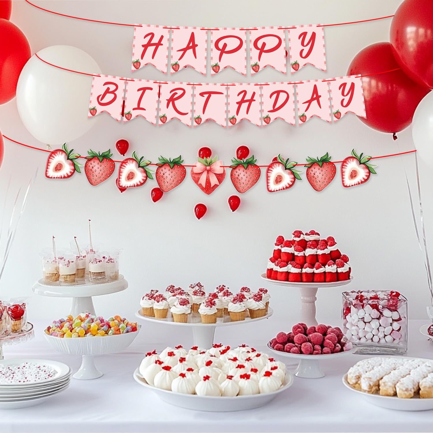 ZJRUI strawberry theme decor set creates cohesive party styling.