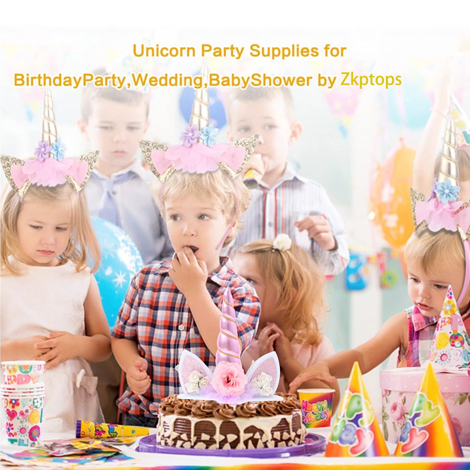 Zkptops unicorn topper with flowers enhances cake decoration for coordinated look.