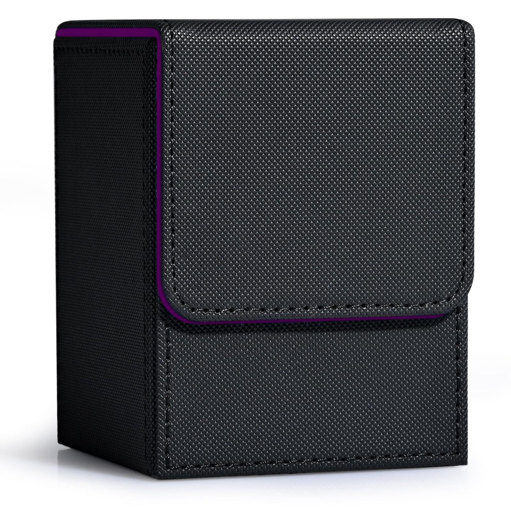 ZLCA deck box exterior in black and purple with PU leather finish protecting cards