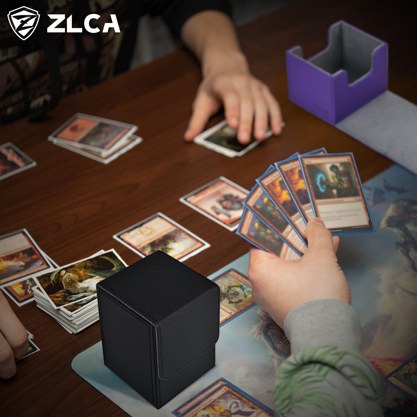 ZLCA deck box in use with cards shows organized portability