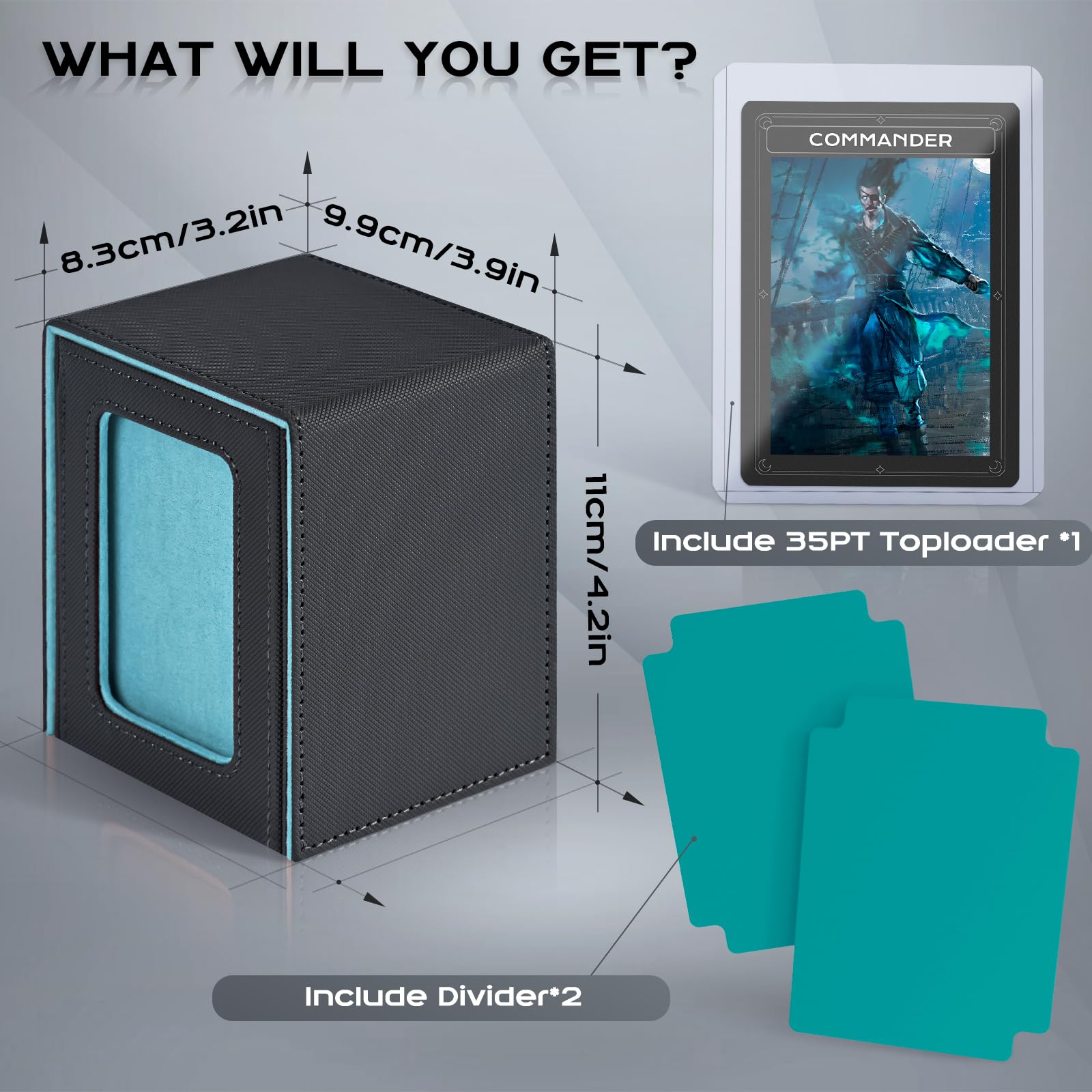 Capacity illustration showing 230+ unsleeved or 100+ double-sleeved cards