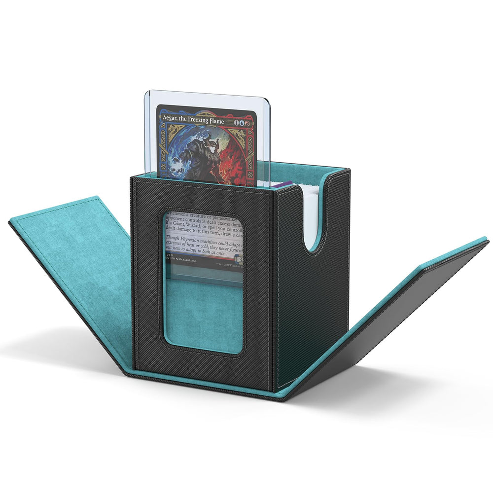 ZLCA MTG deck box with display window on lid, showcasing a prized card