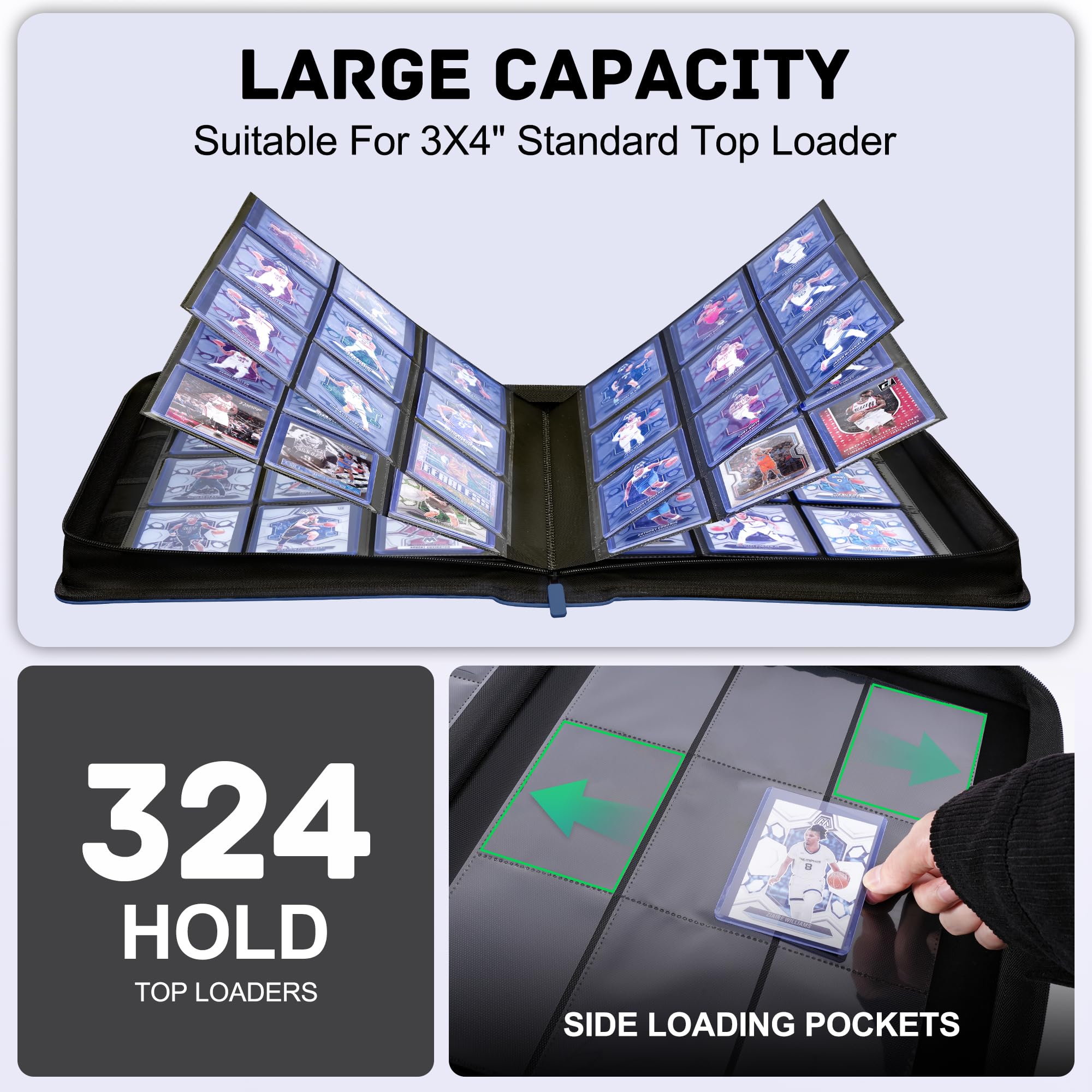 ZLCA top loader binder blue open pages reveal organized pockets for easy access