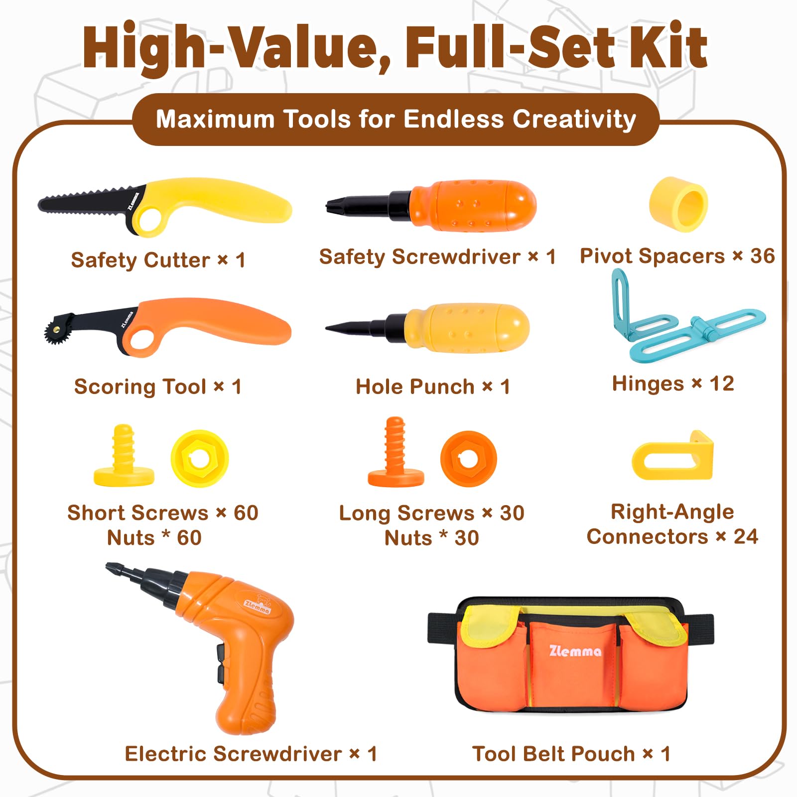 ZLemma 258-piece Building System includes screws, nuts, and connectors for sturdy, interactive cardboard models.