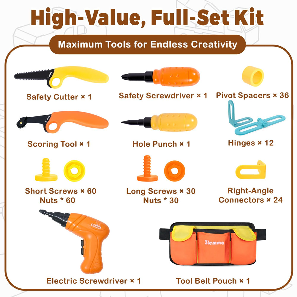 ZLemma 258-piece Building System includes screws, nuts, and connectors for sturdy, interactive cardboard models.