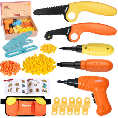 ZLemma Kids Cardboard Construction Toolset with drill demonstrates safe, realistic DIY play for developing fine motor skills.