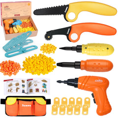 ZLemma Kids Cardboard Construction Toolset with drill demonstrates safe, realistic DIY play for developing fine motor skills.