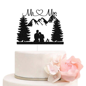 ZLPDS mountain wedding topper in black glitter adds sparkle to outdoors weddings.