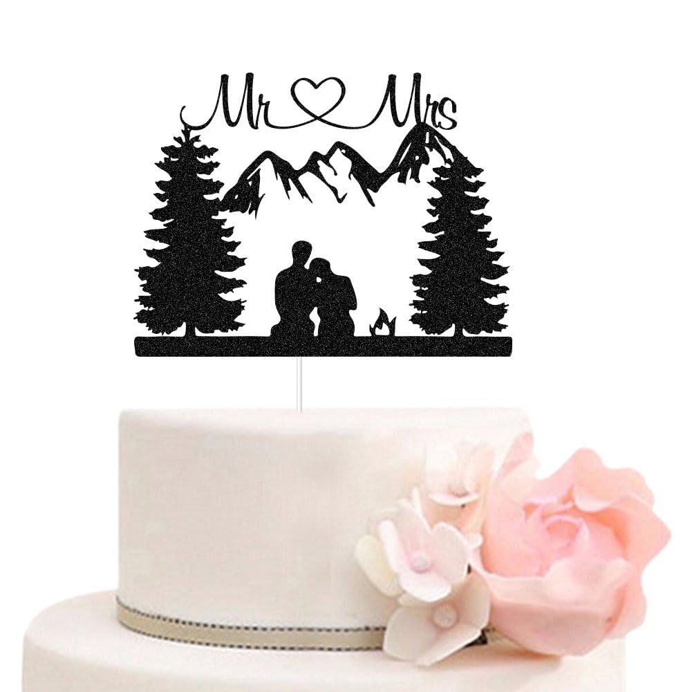 ZLPDS mountain wedding topper in black glitter adds sparkle to outdoors weddings.