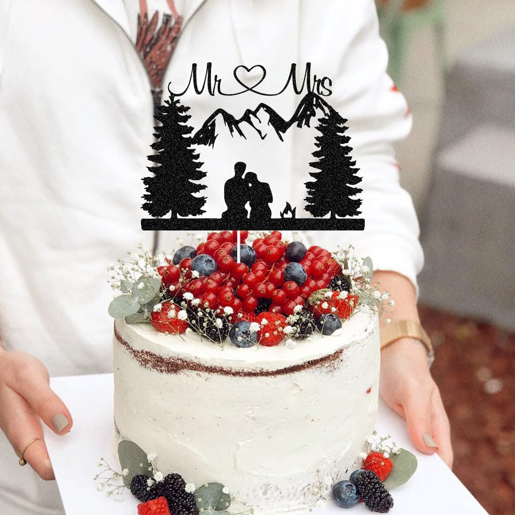 ZLPDS mr and mrs cake decor in black glitter enhances cake presentation.