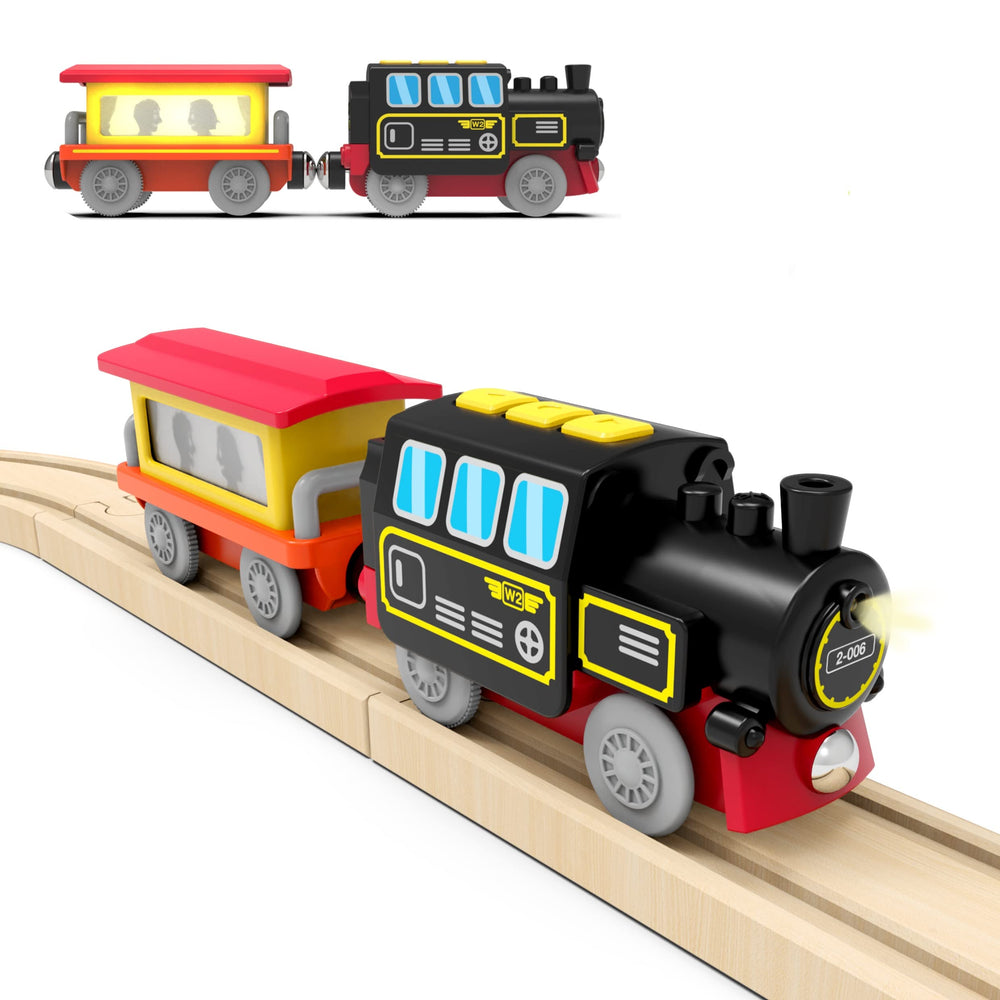 Z MAYABBO battery-operated locomotive train front view on wooden track for engaging pretend play.