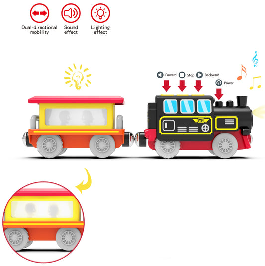 Z MAYABBO locomotive on wooden track side view shows magnetic connectors for expandable layouts.