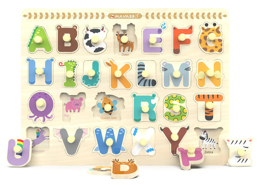Z MAYABBO wooden alphabet puzzle with letters and pictures supports early literacy.