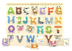 Z MAYABBO wooden alphabet puzzle with letters and pictures supports early literacy.