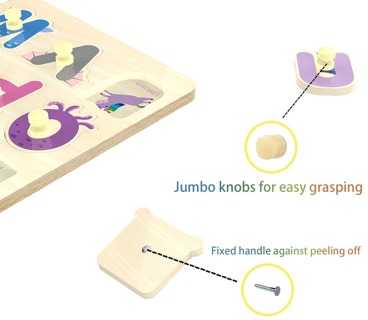 Sturdy wooden board and thick pieces endure daily toddler play.