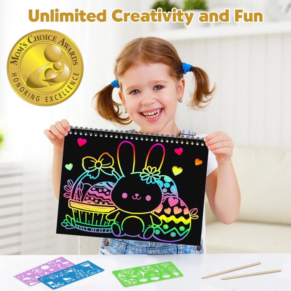ZMLM Rainbow Scratch Notebook art activity promotes safe, mess-free drawing for children.