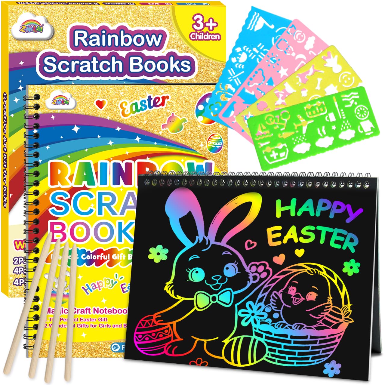 ZMLM Rainbow Scratch Notebook cover with vibrant colors, ideal for kids to start a fun art session.