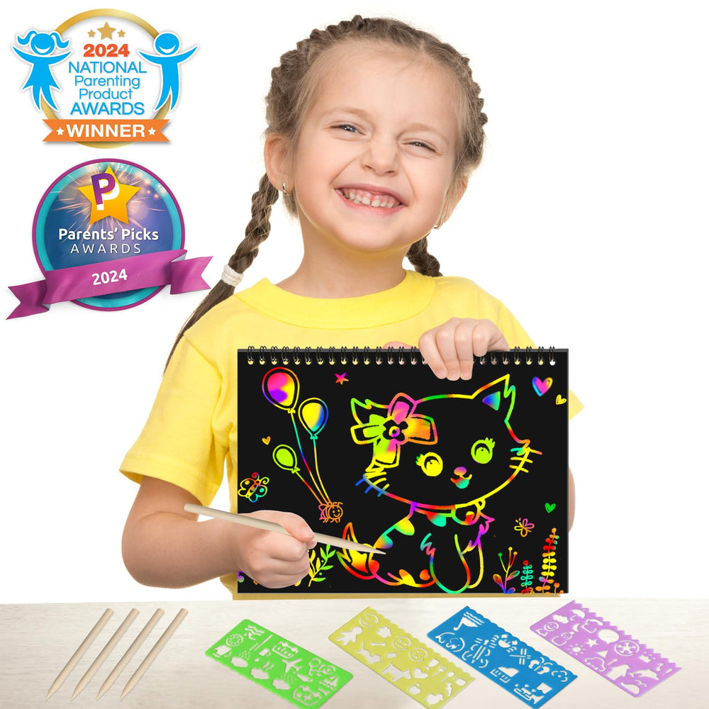 ZMLM Scratch Paper Art Set contents include styluses and stencils for easy designs.