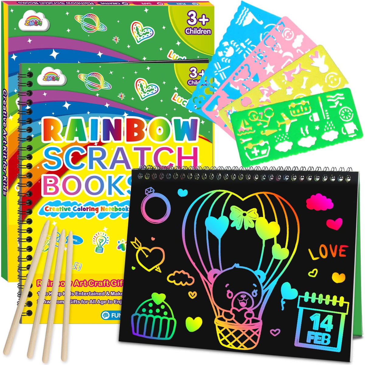 ZMLM Scratch Paper Art Set cover reveals vibrant rainbow colors for playful art.