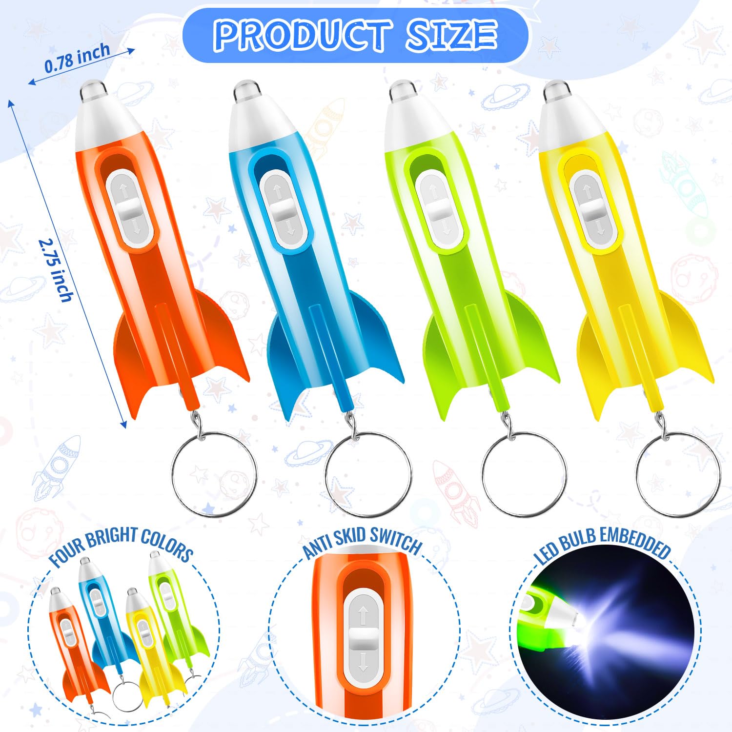 ZMLTLMG space-theme keychain used as a kid-friendly party favor accessory.