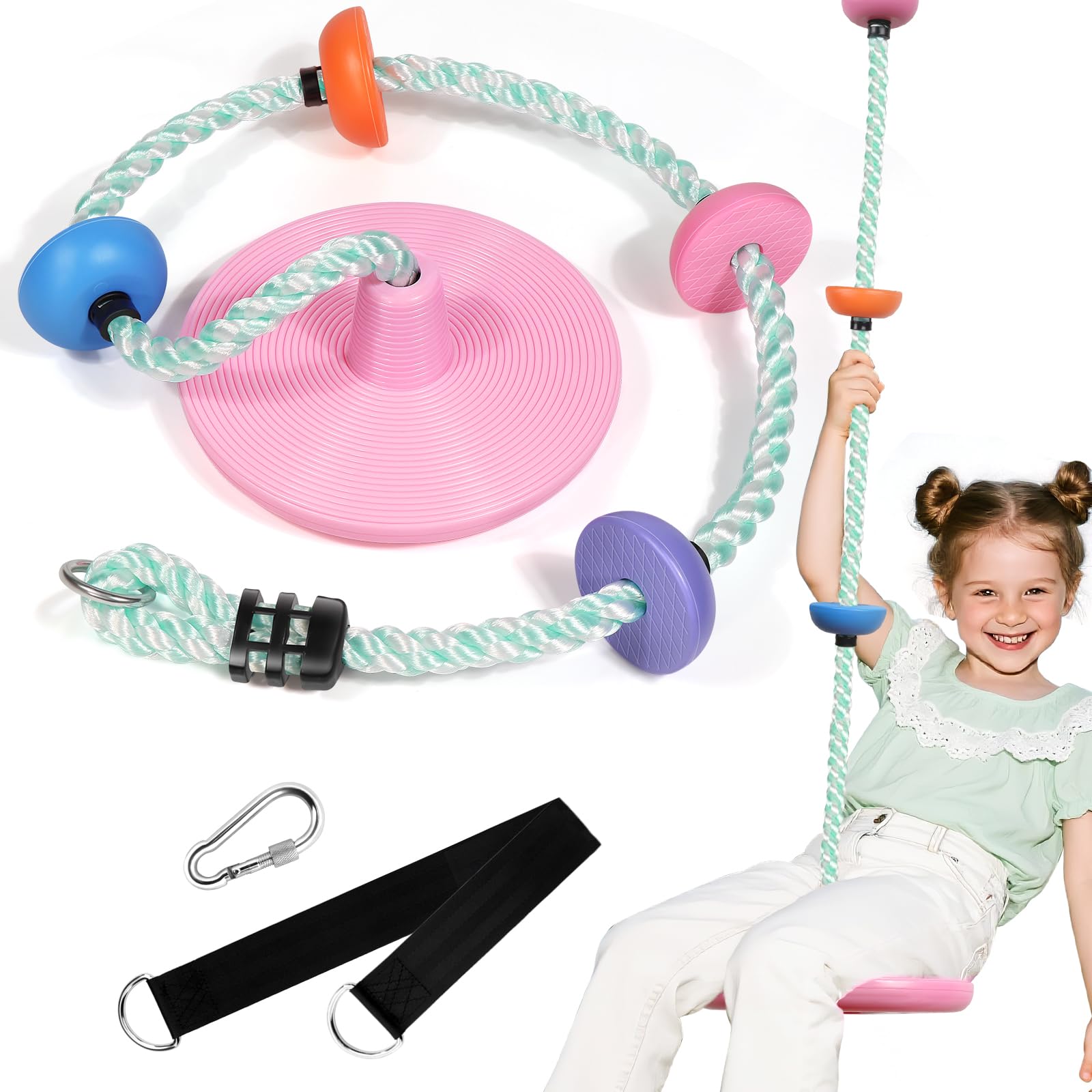 ZNCMRR Candy Pink disc-seat swing for kids with secure grip.