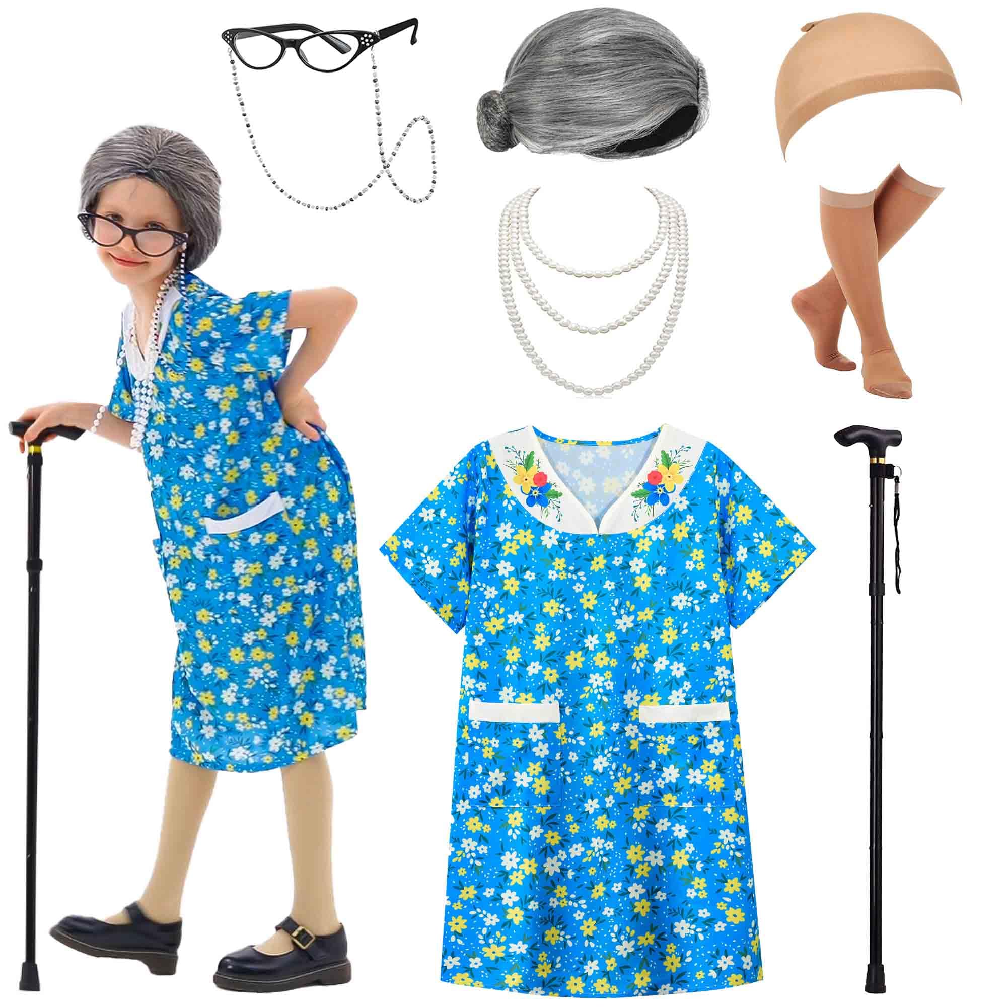 Znorso Old Lady Costume Kit dress close-up; soft cotton blend for comfy wear