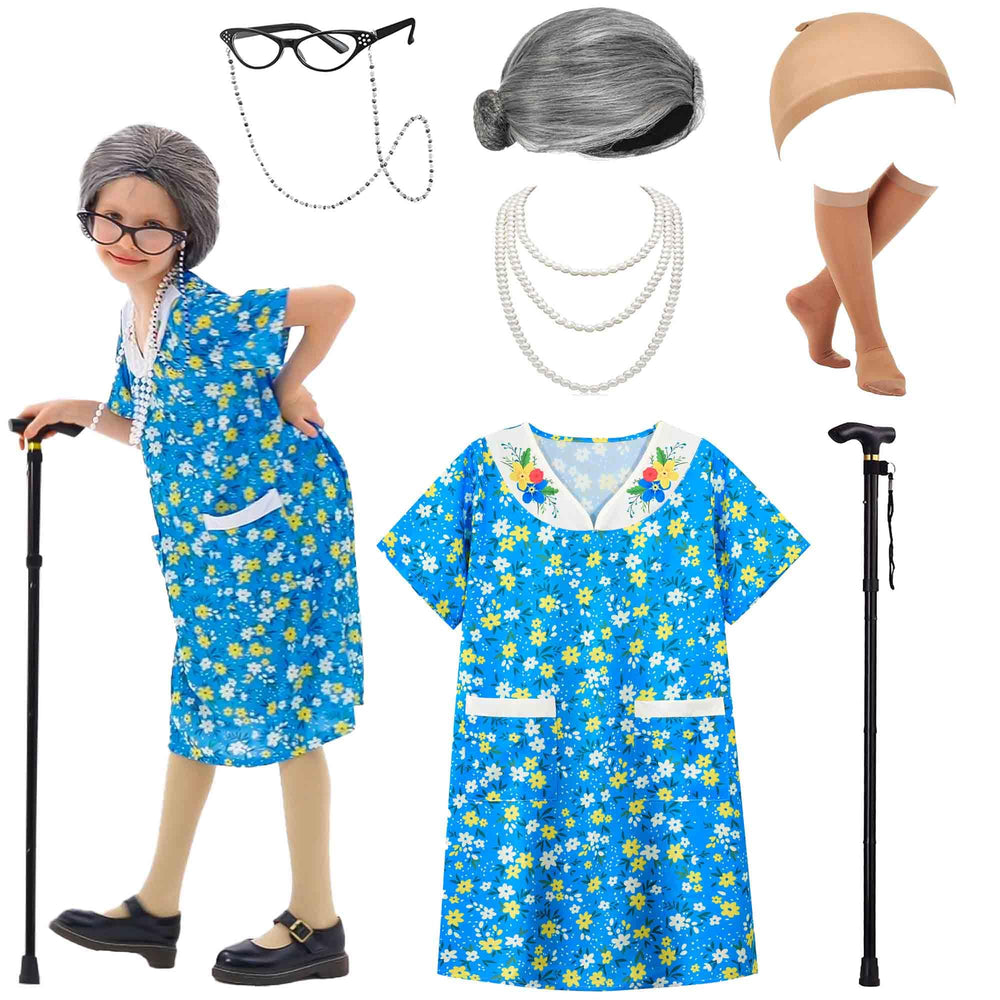 Znorso Old Lady Costume Kit dress close-up; soft cotton blend for comfy wear