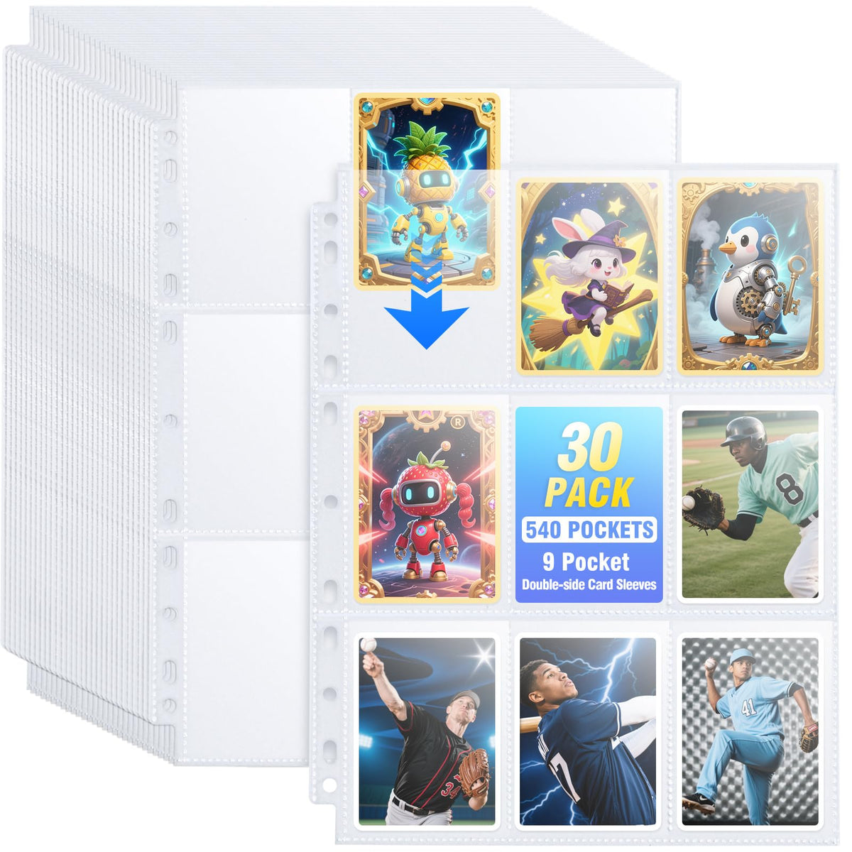 Zofly 30-pack binder pages front view showing clear pockets for easy organization