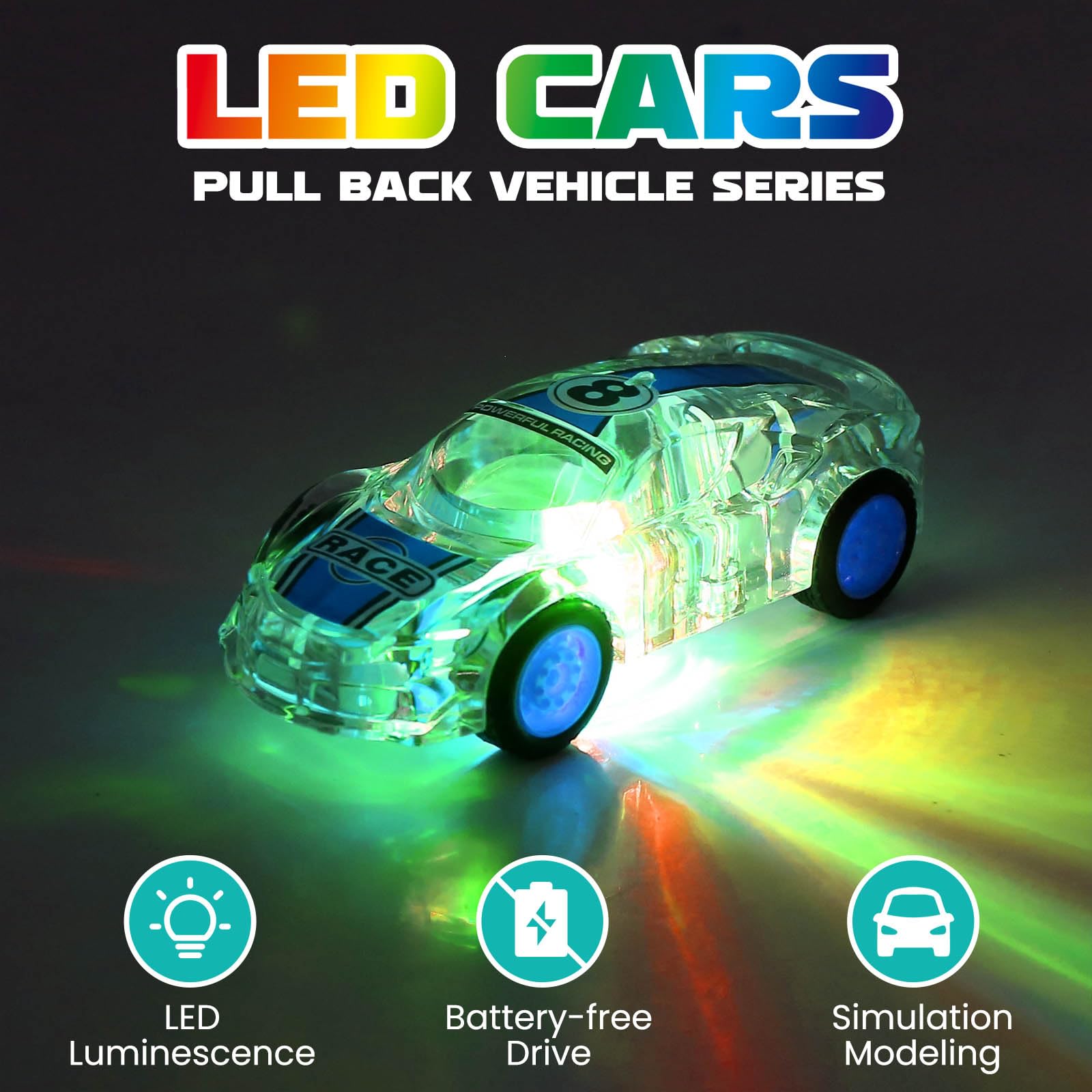 ZOHANINDL LED pull-back car blue glows vividly for energetic play