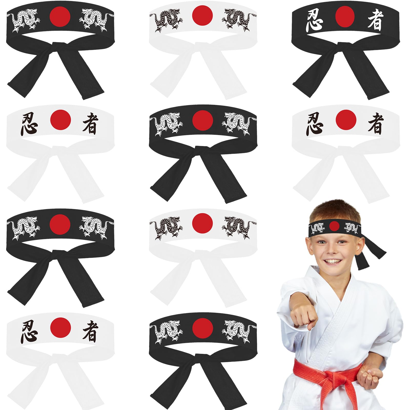 ZOIIWA 24Pcs karate headbands in varied styles for vibrant party decor.