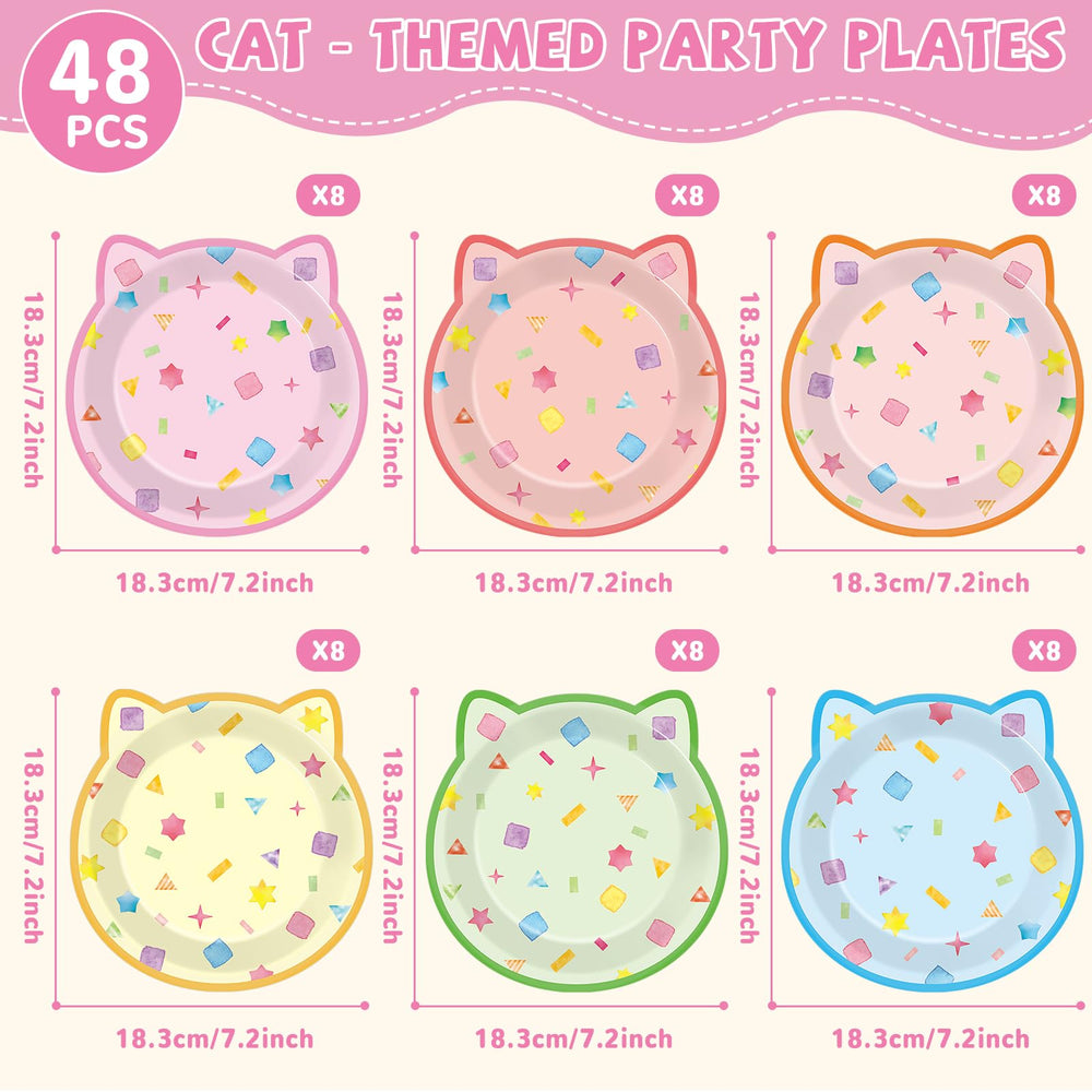 ZOIIWA cat party plates in pastel confetti colors for kids and adults; festive and easy cleanup.