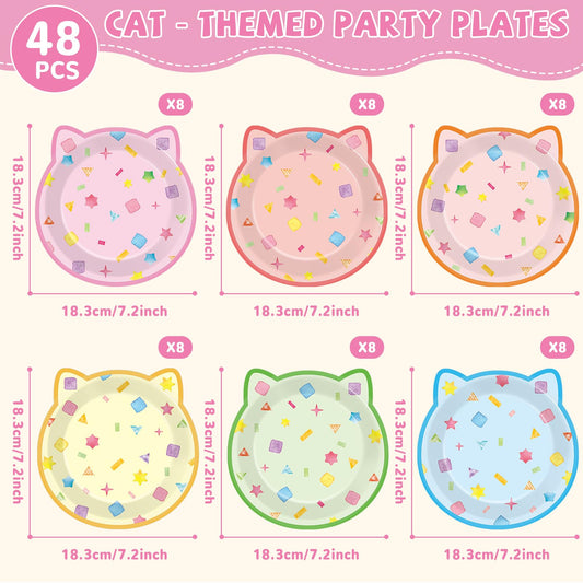 ZOIIWA cat party plates in pastel confetti colors for kids and adults; festive and easy cleanup.