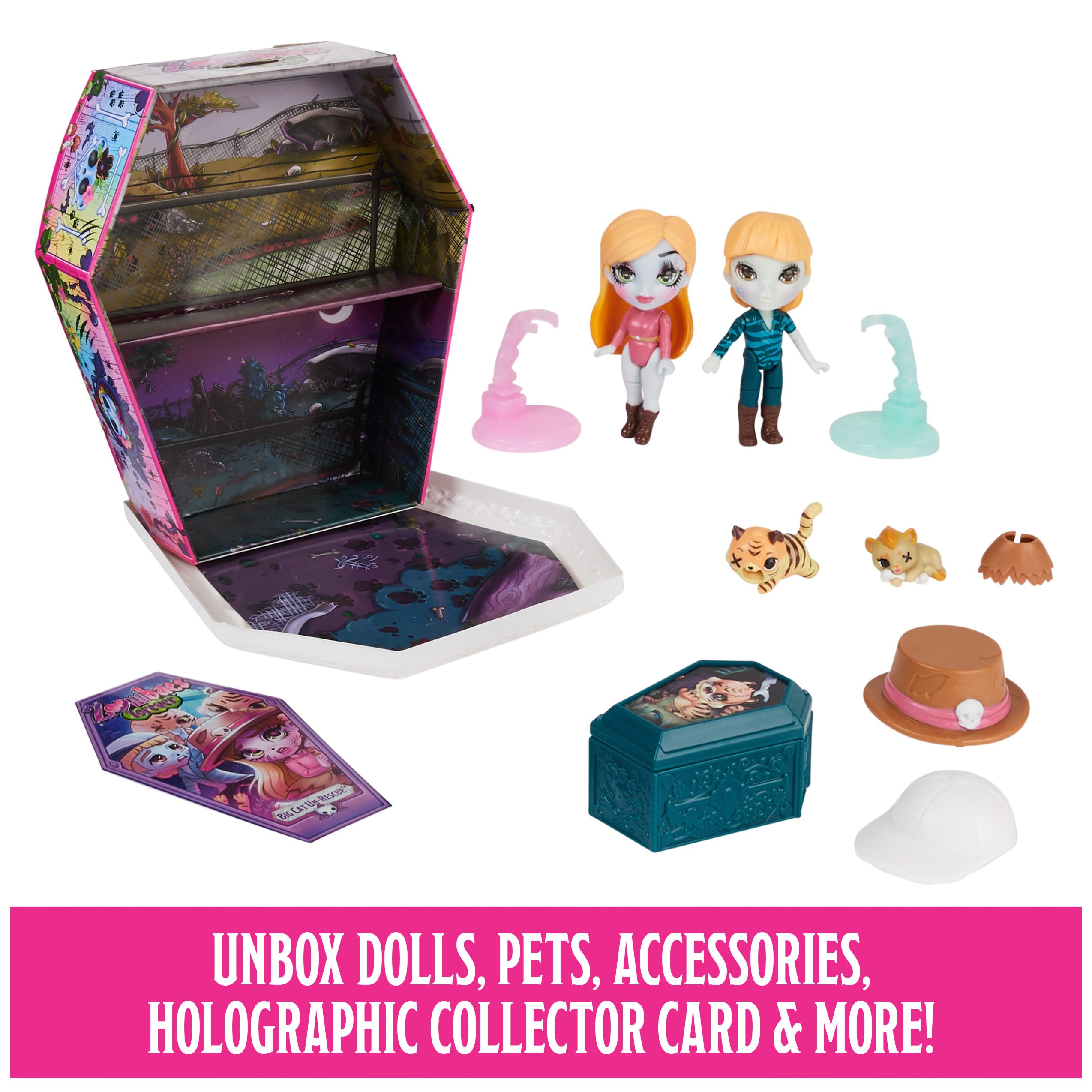 Surprise pet from the coffin attaches to a doll for interactive storytelling