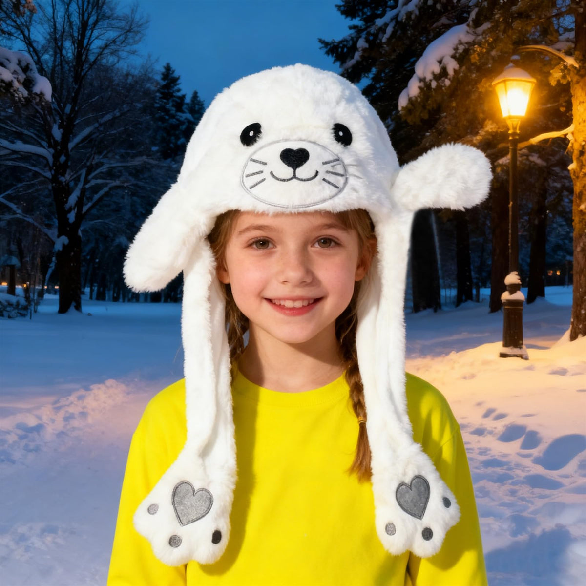 ZONESTA plush ear-moving hat front view showing a cozy seal design for events.