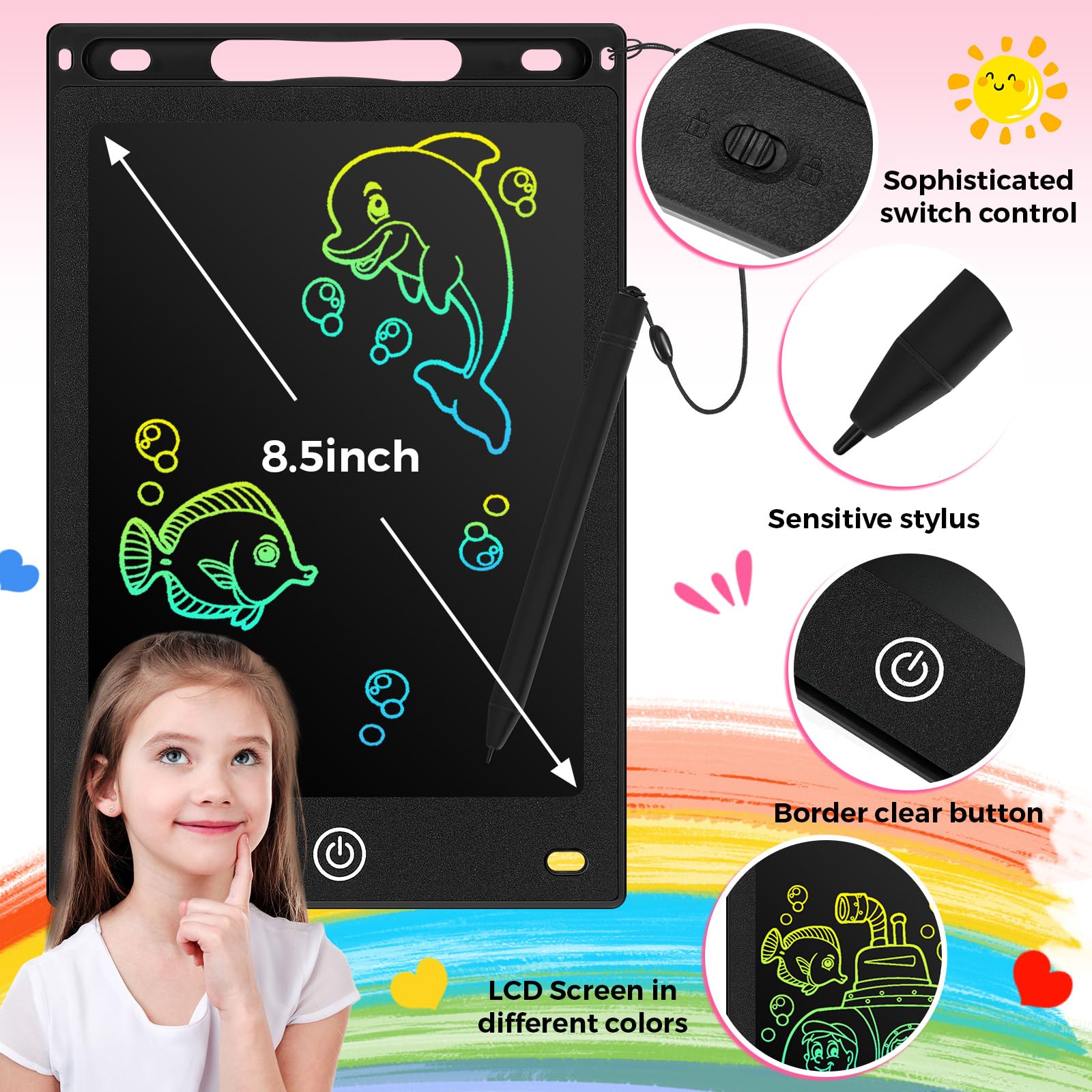 Zonon four-pcs LCD writing tablet 8.5-inch back view highlighting compact design