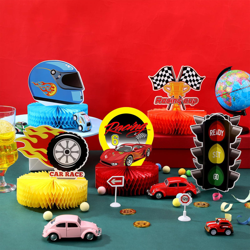 Zonon lets-go racing decor set creates a lively party backdrop.