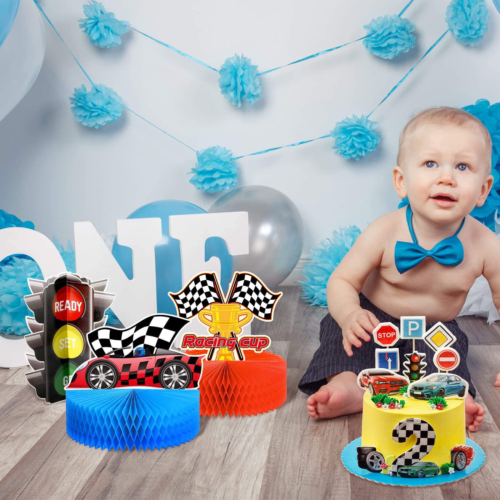Zonon banner with checkered flag accents boosts party energy.