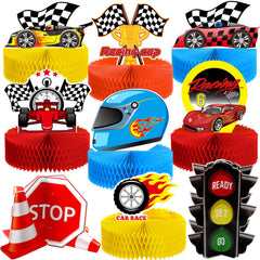 Zonon race car honeycomb centerpiece brightens birthday tables.