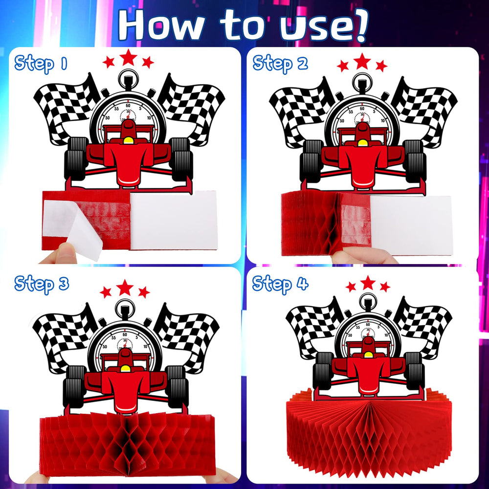Zonon racing helmet, flag, and trophy decor adds theme accents.