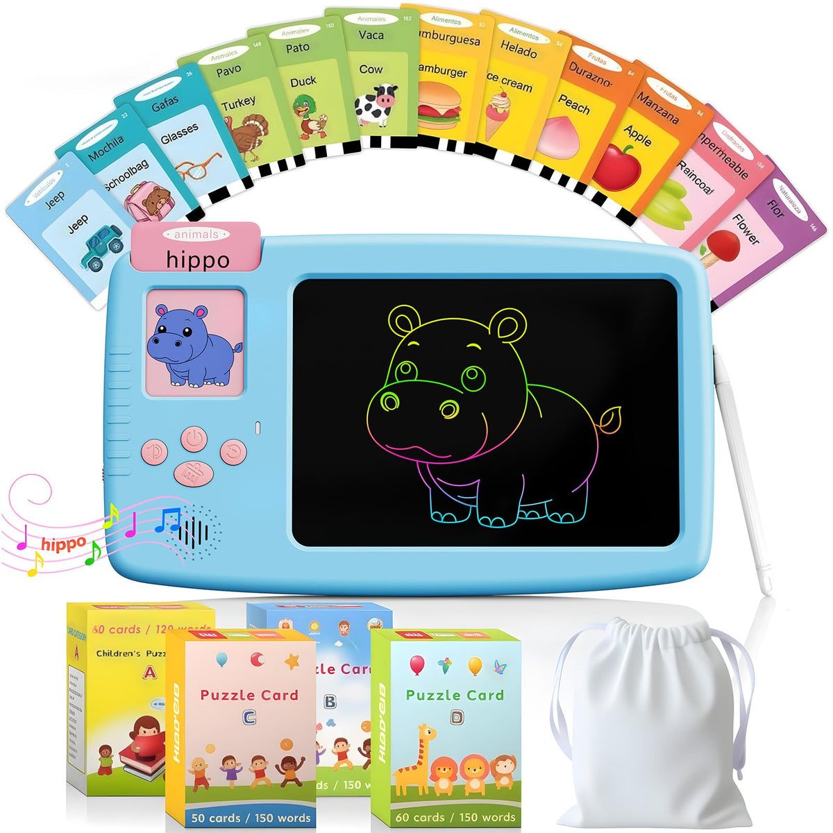 ZONSTVYS talking flash cards with 7-inch LCD screen for interactive vocabulary learning at home