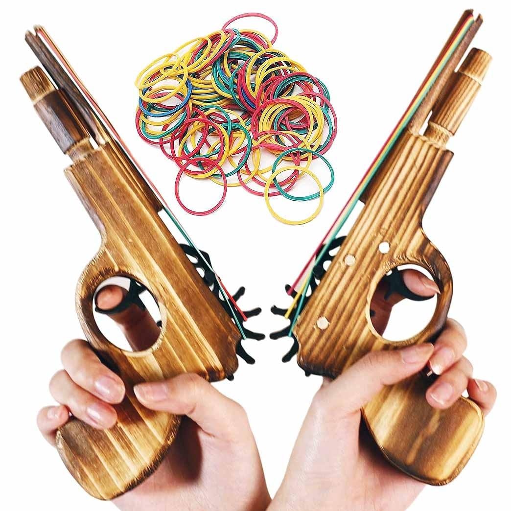 zonzxcv wooden rubber-band gun 9in log color, easy-to-load design for kids