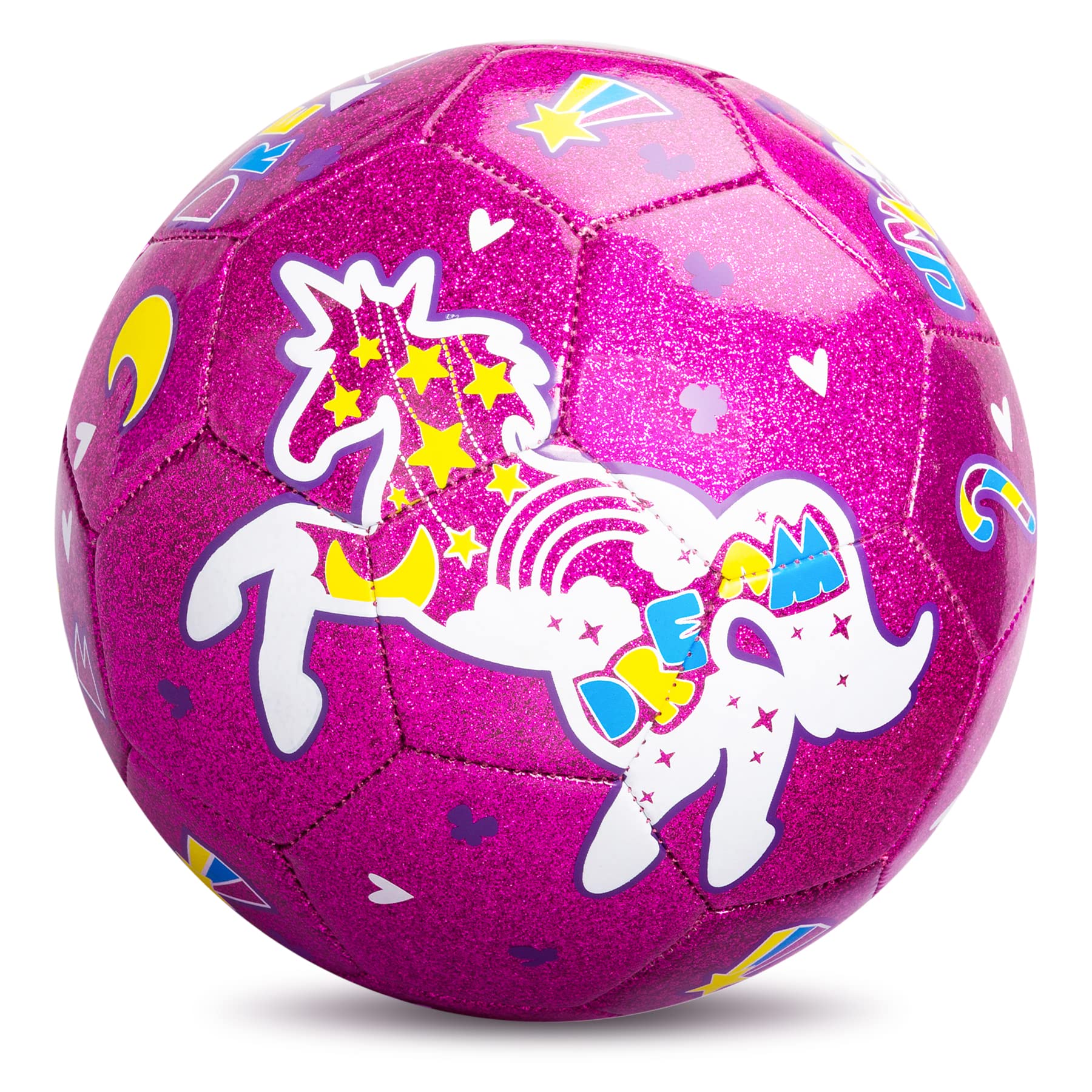 ZOOJOY size-3 unicorn soccer ball with pink glitter surface for outdoor play.