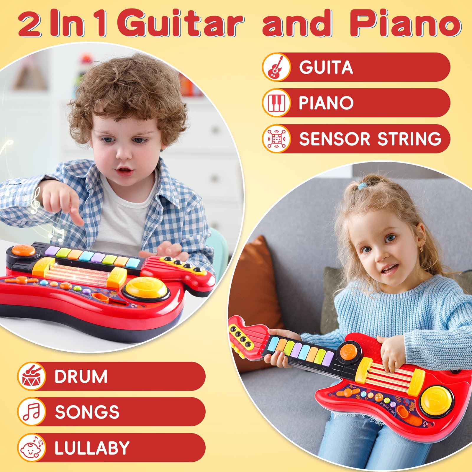 Zsinb 2-in-1 toy guitar with adjustable shoulder strap for easy carrying.